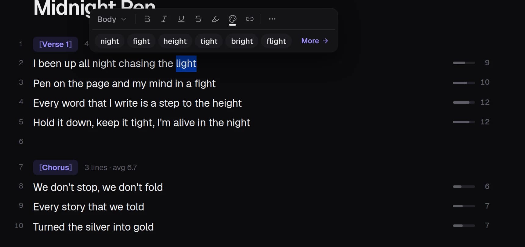 The word “light” is selected in the editor. A small menu above it shows rhymes: night, fight, height, tight, bright, flight.